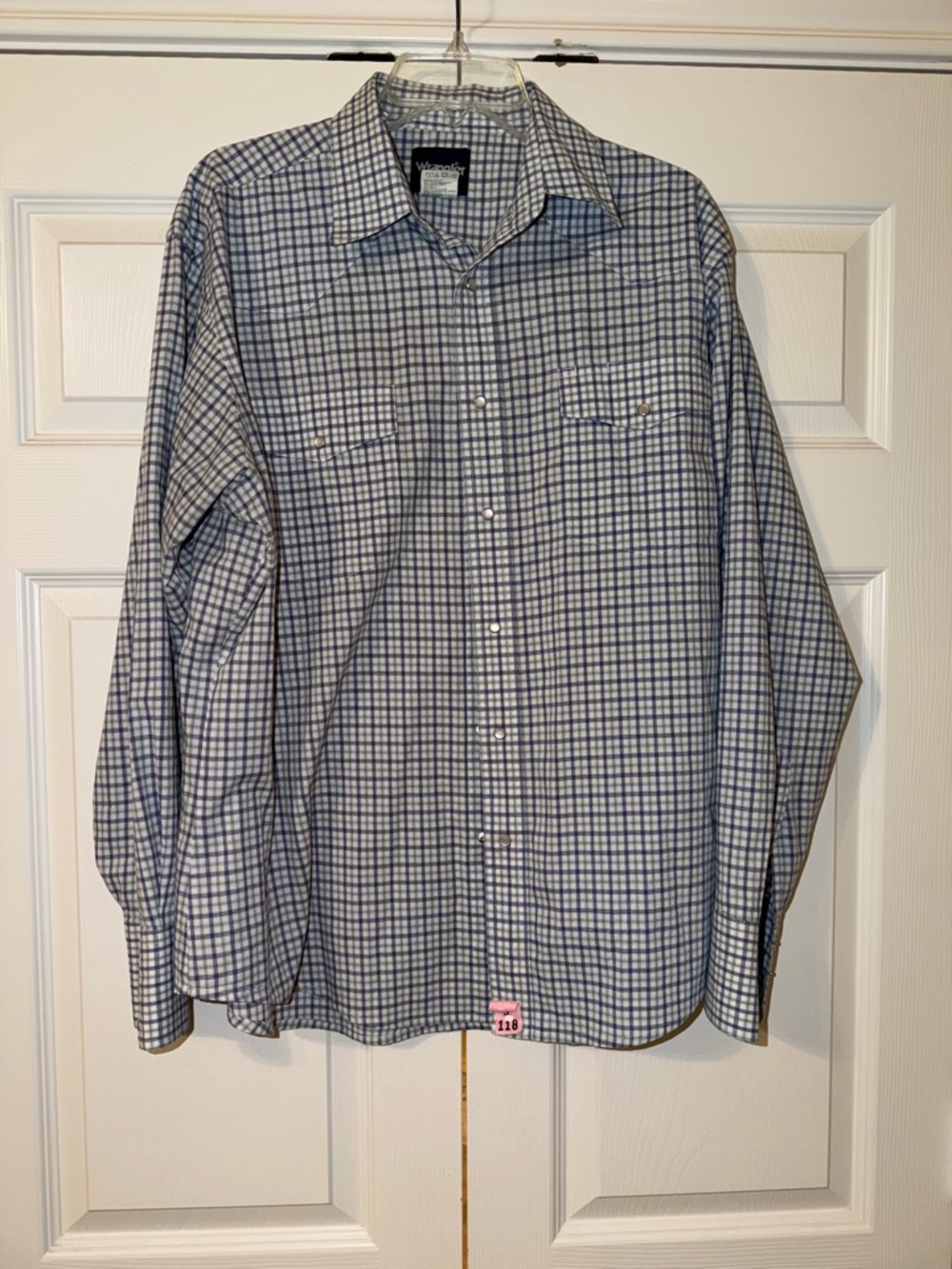Wrangler Men’s Blue and White Check Button-Up Shirt